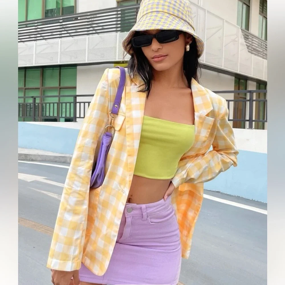 SHEIN Women's | Yellow & White Gigham Single-Breasted Blazer, sz m NWoT - Picture 4 of 16